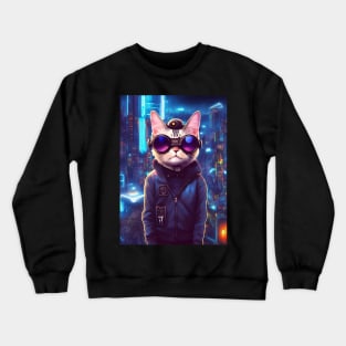 Cool Japanese Techno Cat In Japan Neon City Crewneck Sweatshirt